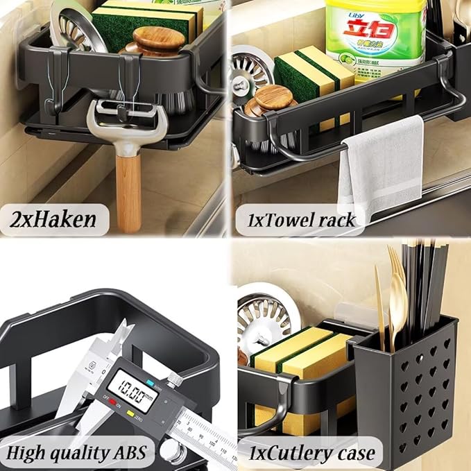 Organisateur d'évier, porte-éponge suspendu pour la cuisine, organisateur d'évier noir, organisateur d'évier pour la cuisine et la salle de bain avec bac d'égouttage, porte-bâtonne